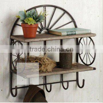 decorative wooden wall shelf with hooks on the bottom