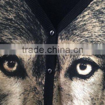 Women's V-neck no Hand Feeling Reactive Printing 100% Cotton Cardigan Sweater