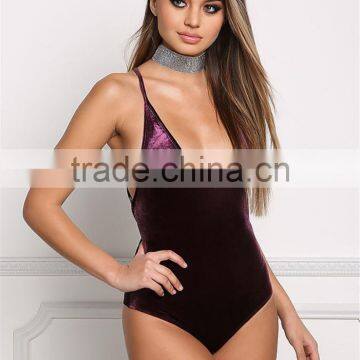 MGOO Fashion Manufacturer Purple Plunge Strap Bodysuits Velvet Blouses Cross V Neck Sexy Bloues Tops photo-6