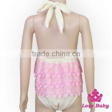 HYB145 Lovebaby Wholesale Navy Color Cheap 100% Cotton Stripe Back Romper With Pink Lace Ruffle Trim Organic Cotton Baby Cloth photo-2