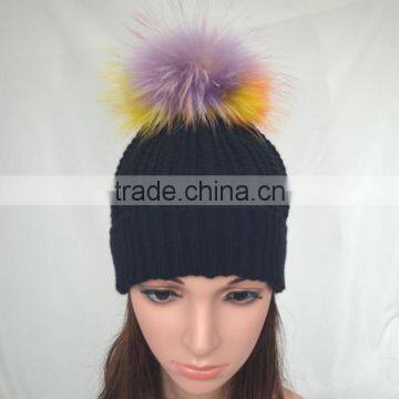 Myfur Rainbow Color Real Fur Pompom Woolen Knit Beanie Hat Wholesale photo-2