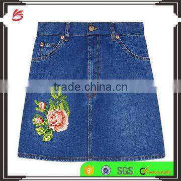 2017 fashion custom high waisted girls sexy Floral Embroidered denim mini skirt Casual Fit Latest women jeans skirt