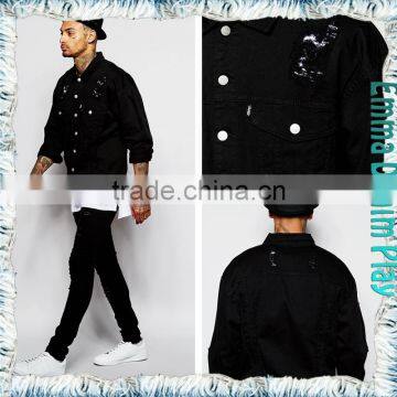 Hot Design Men Fashion Broken Holes Washed Long Sleeves Black Denim Jackets