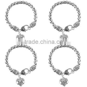 Family Bracelet Love Heart Charm Pendant Beads Silver-Tone Chain