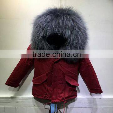 Red parka for 2-14Y Children Wear in winter,grey thick fur Lined short red baby fur parka