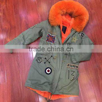 2017 New Fashion Women Orange Raccoon Fur and faux fur lining Winter Army coat