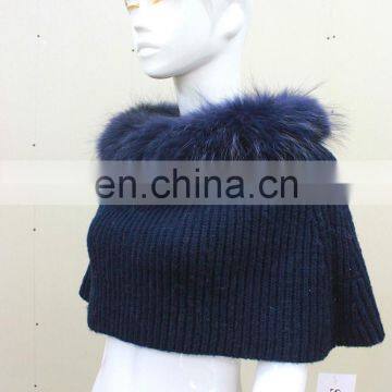Navy Raccoon Fur Hood Knitted Shawl Winter Warm Knitting Fur Neckerchief Fur Trim Knit Scarf For Women