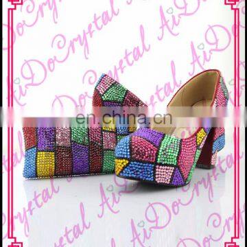 Aidocrystal colorful crystal tetragonum design wedding party wedges shoes and bag set