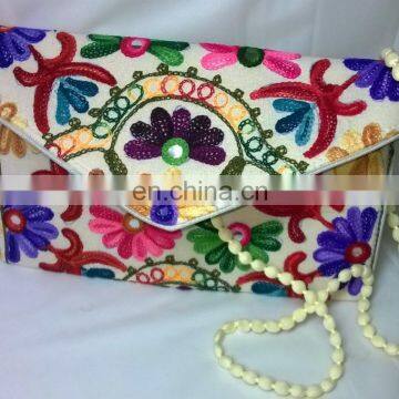 Hot Latest Design Handmade Lather With Hand Crafted Suzni Embroidery Traditional Indian Cotton Clutch Bags Manufacturer