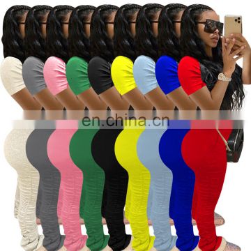 Summer T Shirt Crop Top with Ruched Stacked Leggings Bodycon Sport Tracksuit Women Outfit Cotton Lounge Wear Solid Two Piece Set