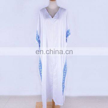 2019 Casual V-Neck Bats Sleeve Side Split Beach Kaftan Loose Summer Dress White Cotton Tunic Women Street Wear Maxi Dress photo-6