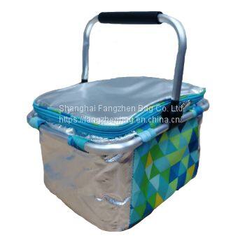 outdoor 600D foldable aluminum framed picnic basket set In Insulated folding metal coustomizable logo party cooler bag