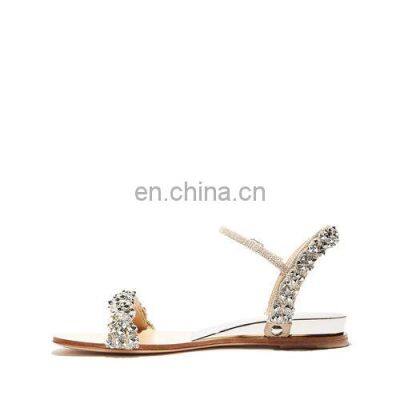 Ladies Flat Shoes Ankle Strap Golden Color Rhinestones Design Women Sandals photo-3