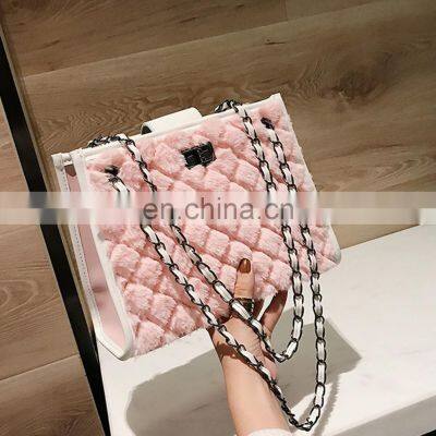 Women Plush Handbag Shopping Bags Large Capacity Tote Diamond Lattice Winter Faux Fur Chain Bag New Contrast Color Crossbody Bag photo-3