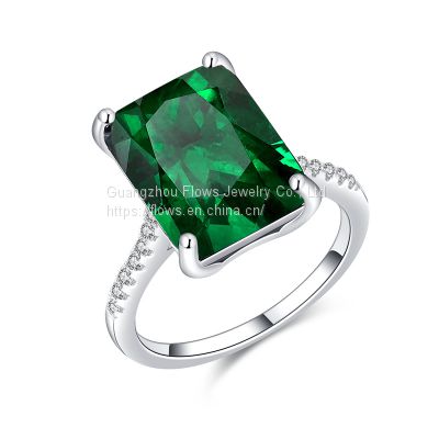 S925 sterling silver ring inlaid with zircon baguette emerald colored gemstone ring wholesale