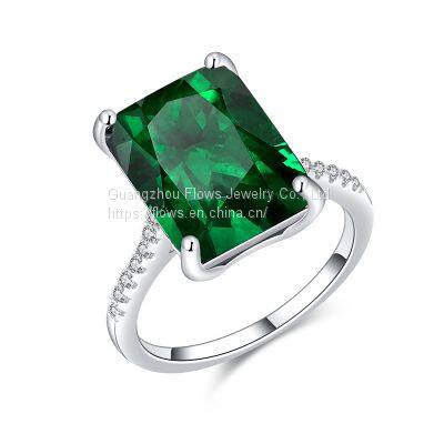 S925 Sterling Silver Ring Inlaid With Zircon Baguette Emerald Colored Gemstone Ring Wholesale
