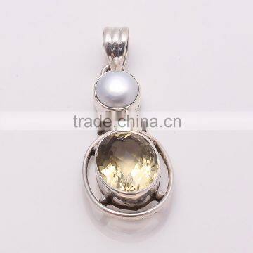 LEMON TOPPAZ AND PEARL PENDANT 925 Sterling Silver Pendant, SILVER JEWELRY EXPORTER,SILVER JEWELRY WHOLESALE,SILVER EXPORTER