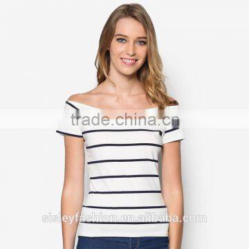 2016 high quality women off shoulder fashion comfortable ladies short sleeve stripe t shirt TS131