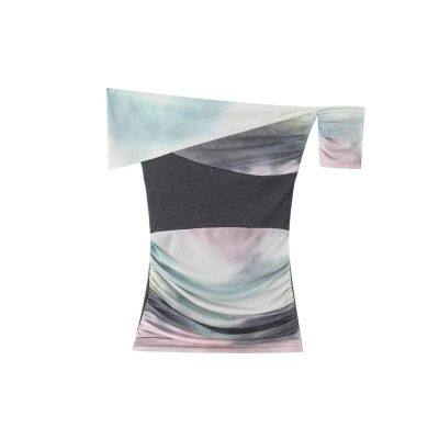 Spring New Style: Blended Mesh Knitted Splicing One Shoulder Women's T-shirt with Folded Top