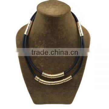 NNK-100918 Punk Double Layered Alloy Beaded Imitation Leather Fashion Statement Necklaces photo-4
