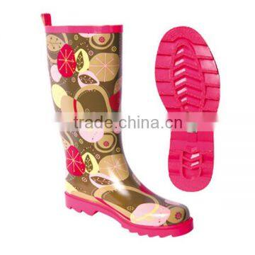 fashion leave print knee high waterproof boots flat shoes