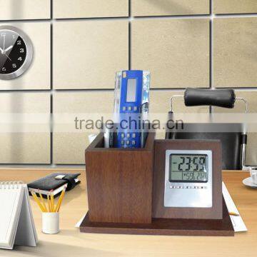 Table clock with calendar,wooden table clock withbrush pot,penholder