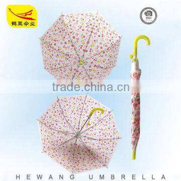 kids safty cheap umbrella with curved handle with printing pattern