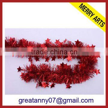 Festival decoration red christmas tinsel garland with star for wholesale