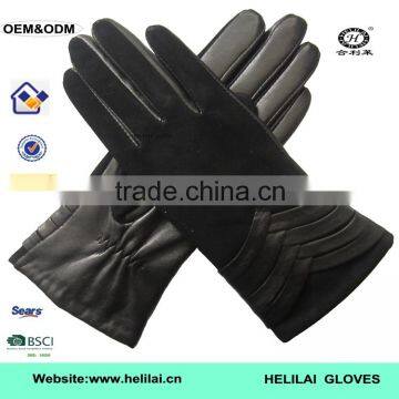 2016 Hot Selling Gloves Black Suede and Sheep Leather Combined Lady Gloves