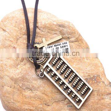 Genuine Leather Necklace with Antique Brass Abacus Pendant.