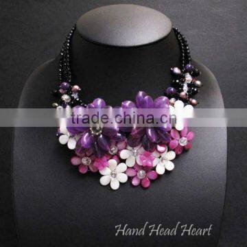 Purple Agate flower with colorful shell Gemstone fashion necklace Hand made JN14