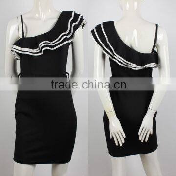 OEM service frill shoulder womens slim tight fitted dresses straight fit dresses