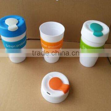 mug with silicone band 350ML,PP body plastic coffee mug,PE lid white coffee mug