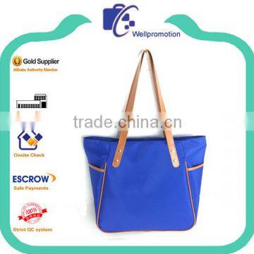 High quality latest stylish microfiber blue everyday tote bags with side pockets