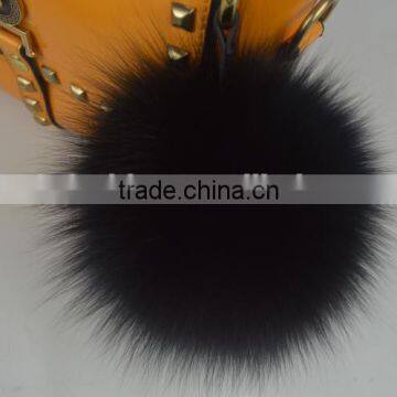 Wholesale Fluffy Round 13cm Black Real Fox Fur Pom Poms with Keychain