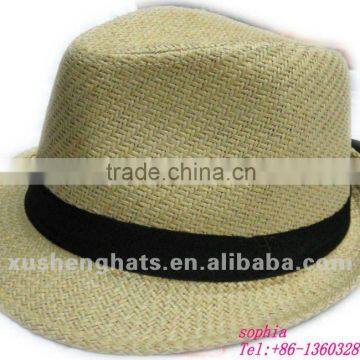 paper straw black ribbon band fedora hat.summer fedora hat