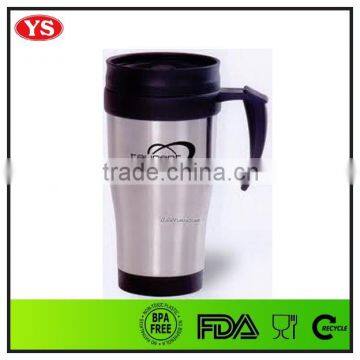 stainless steel food grade insulated travel mug with plastic handle