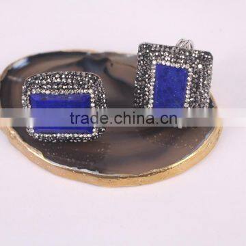 Natural Lapis Lazuli Druzy Stone Rings, Pave Crystal Rhinetone Single Stone Ring Design