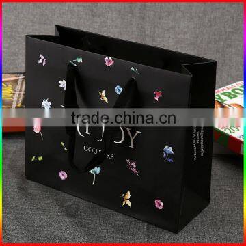 Printed foil logo ribbon paper shopping bag, collapsible shopping bag with cotton handle