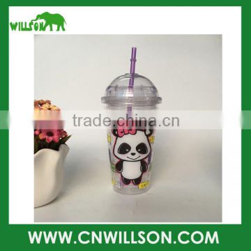 Eco-friendly Double Wall Plastic Cup With Straw And Lid