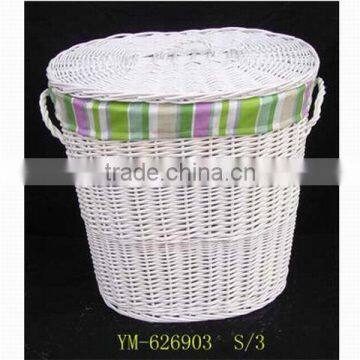 set of three white willow laundry hamper baskets with lining