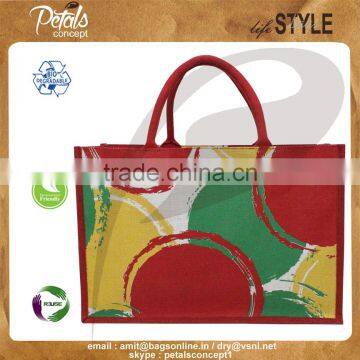 PP Laminated jute tote bag with padded rope handle with three color print two side