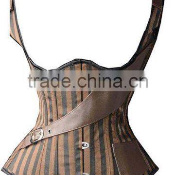 Women's Punk Style Brown Color Stripes Body Sculpting Vest Corset sexy steel bone one pocket corset
