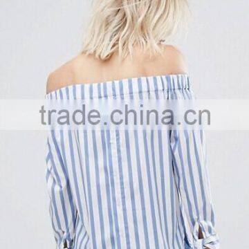 2017 Fashion Stripe And Tie Sleeve Off The Shoulder Top photo-3