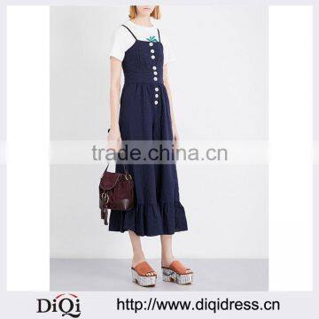 Customized Lady's Apparel Wide-leg Thin Straps Sleeveless Pleated Stretch-cotton Jumpsuit(DQM004J)