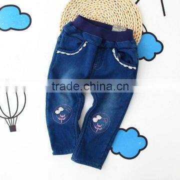 New Fall Children Wear Cartoon Bear Embroidered Lace and Cotton Denim Trousers photo-3