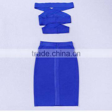 2014 New Off Shoulder Blue Two Piece Knee Length HL Bodycon Bandage Dress Slash Neck Sexy Women 2 Pieces Party Dress photo-4