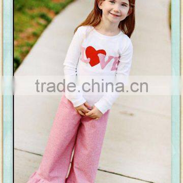 2016 Baby Girls Love Applique for Valentines White Shirt Red Heart Print Pink Ruffle Pants kids clothes fall girls clothing