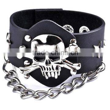 Skull Head Charm Chain Decoration Bracelet Punk Style Cow Leather Bracelet