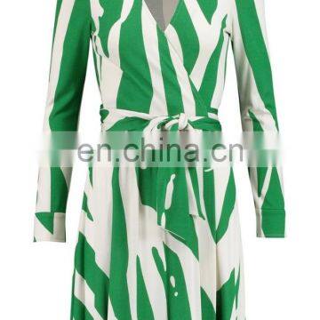 Fashion Women 100% Silk Long Sleeve Printed Silk Jersey Green Wrap Dress With Waist Ties photo-2